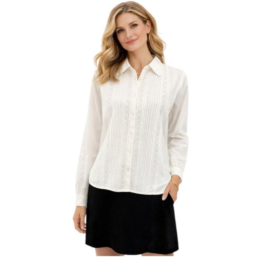 Polo Jeans Co Women Shirt Y2K White Cotton Pin-tuck Lace Detail Button Front XL